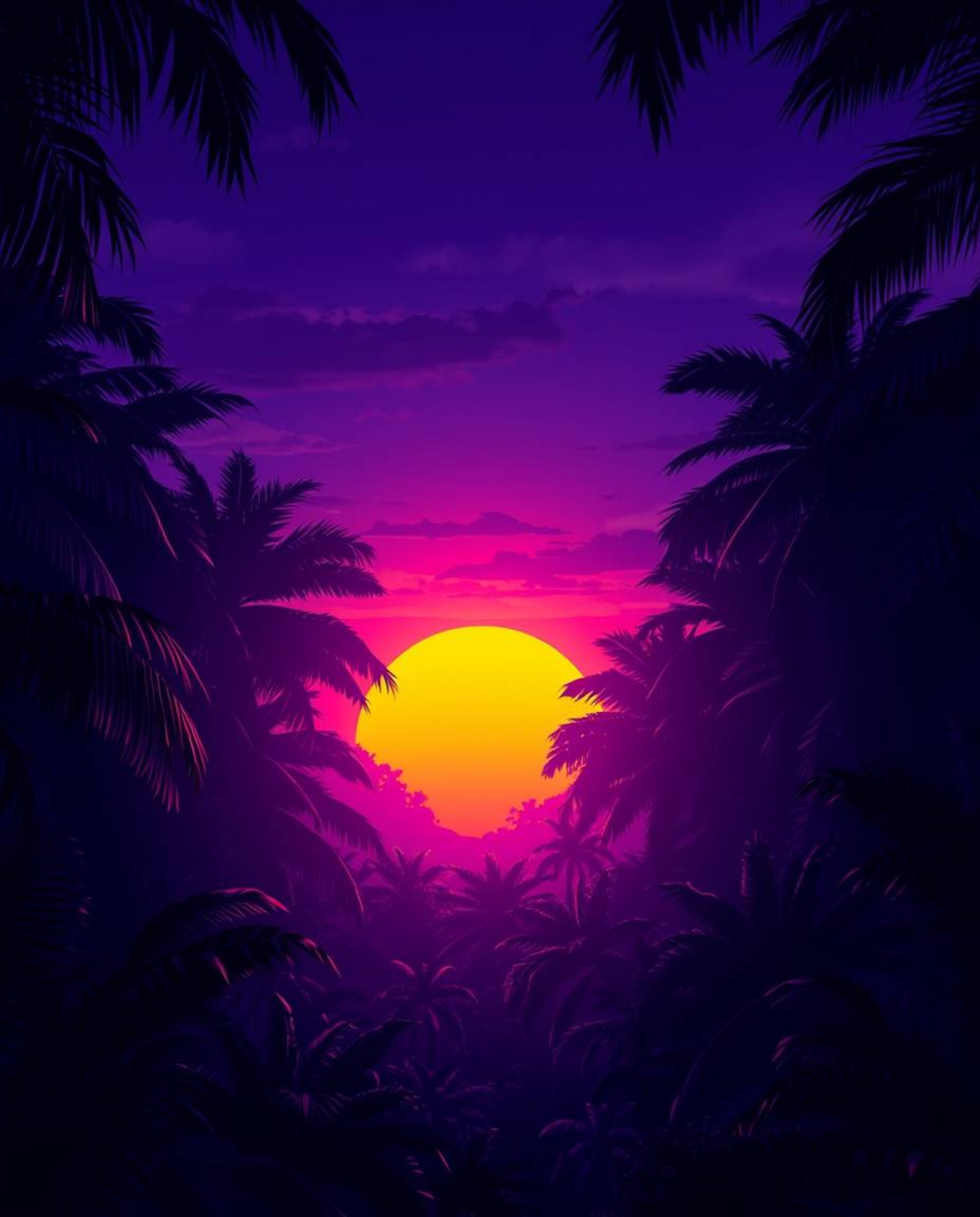 A digital illustration of a sunset viewed through a dense jungle canopy. This artwork utilizes deep ultraviolet hues, placing
