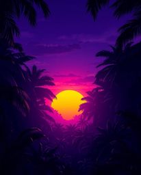 A digital illustration of a sunset viewed through a dense jungle canopy. This artwork utilizes deep ultraviolet hues, placing