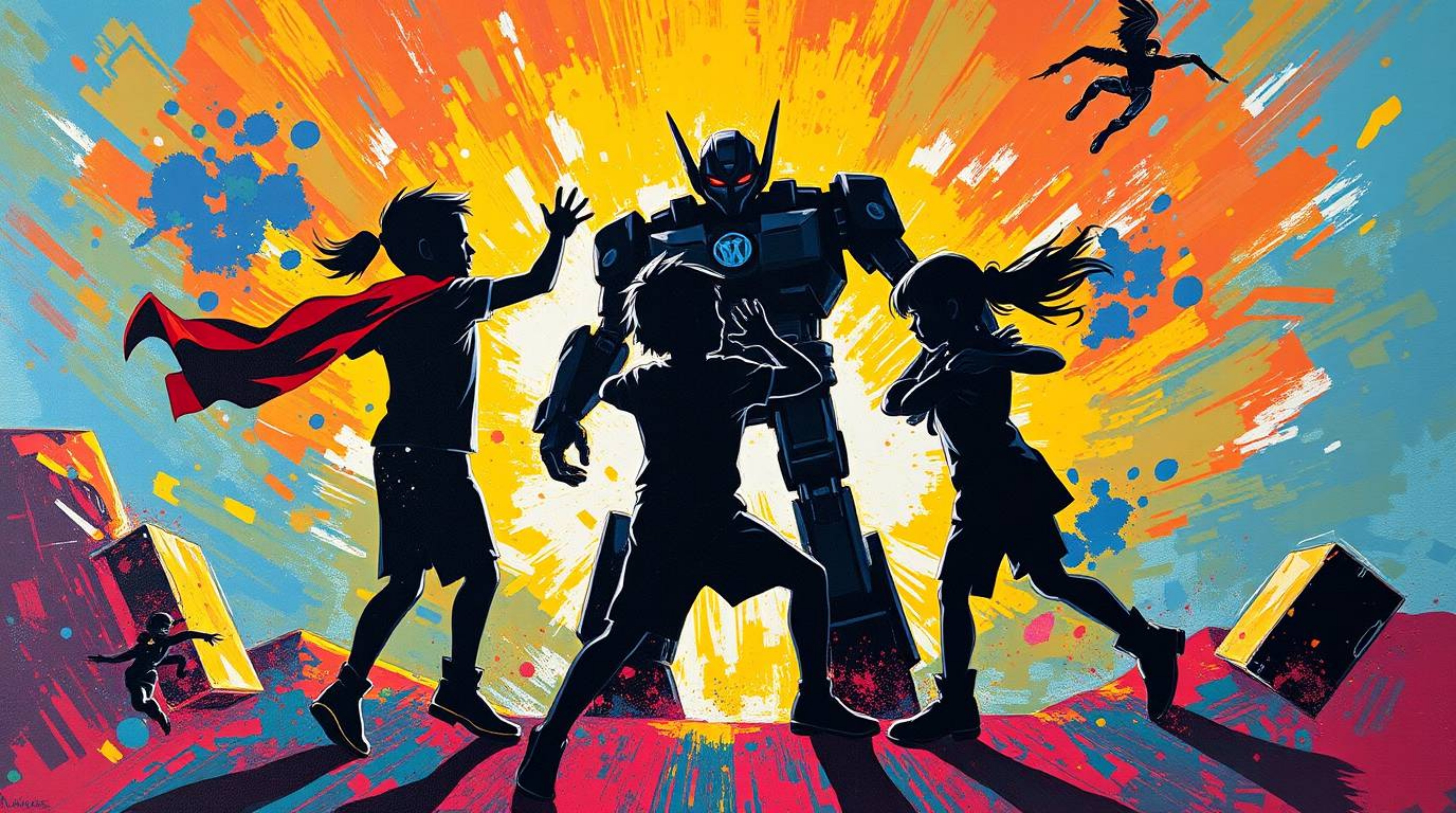 A bold acrylic painting depicting three silhouetted, superpowered kids locked in an intense battle against a formidable robot