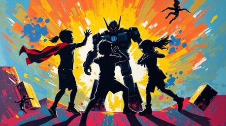 A bold acrylic painting depicting three silhouetted, superpowered kids locked in an intense battle against a formidable robot