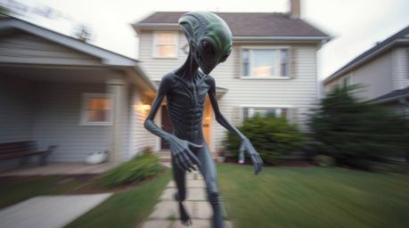 A dynamic motion blur image capturing the surreal scene of an alien residing in a typical suburban house. The image features 