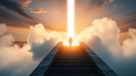 Explore this high-resolution stock photo featuring an extreme macro close-up of a lone figure ascending a stone staircase int