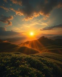 This artwork presents dreamlike and surreal imagery of a sunset over terraced tea plantations. The scene is brought to life w