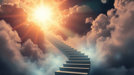 A dreamlike, surreal stairway winding through smoky clouds towards a bright celestial light symbolizes a journey of spiritual