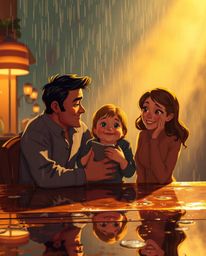 Experience a touching family reunion depicted in a vibrant Pixar-style painting. Bathed in warm, golden light and set against