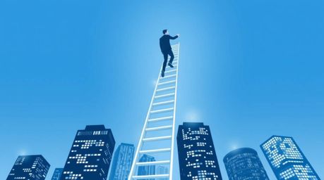 A timeless black and white illustration depicts a businessperson ascending a transparent ladder that disappears into a vibran