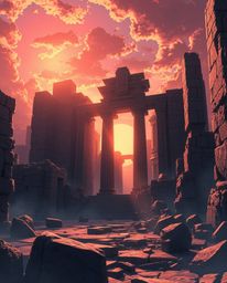 An epic, modern future Isekai anime scene depicts a sunset casting shadows through ancient stone ruins. The composition is ex