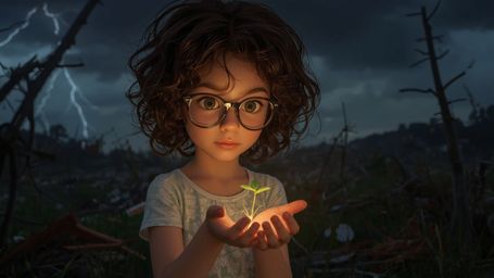 A high-resolution, professional-quality stock photo of a gentle, bespectacled young girl with curly brown hair and bright gre