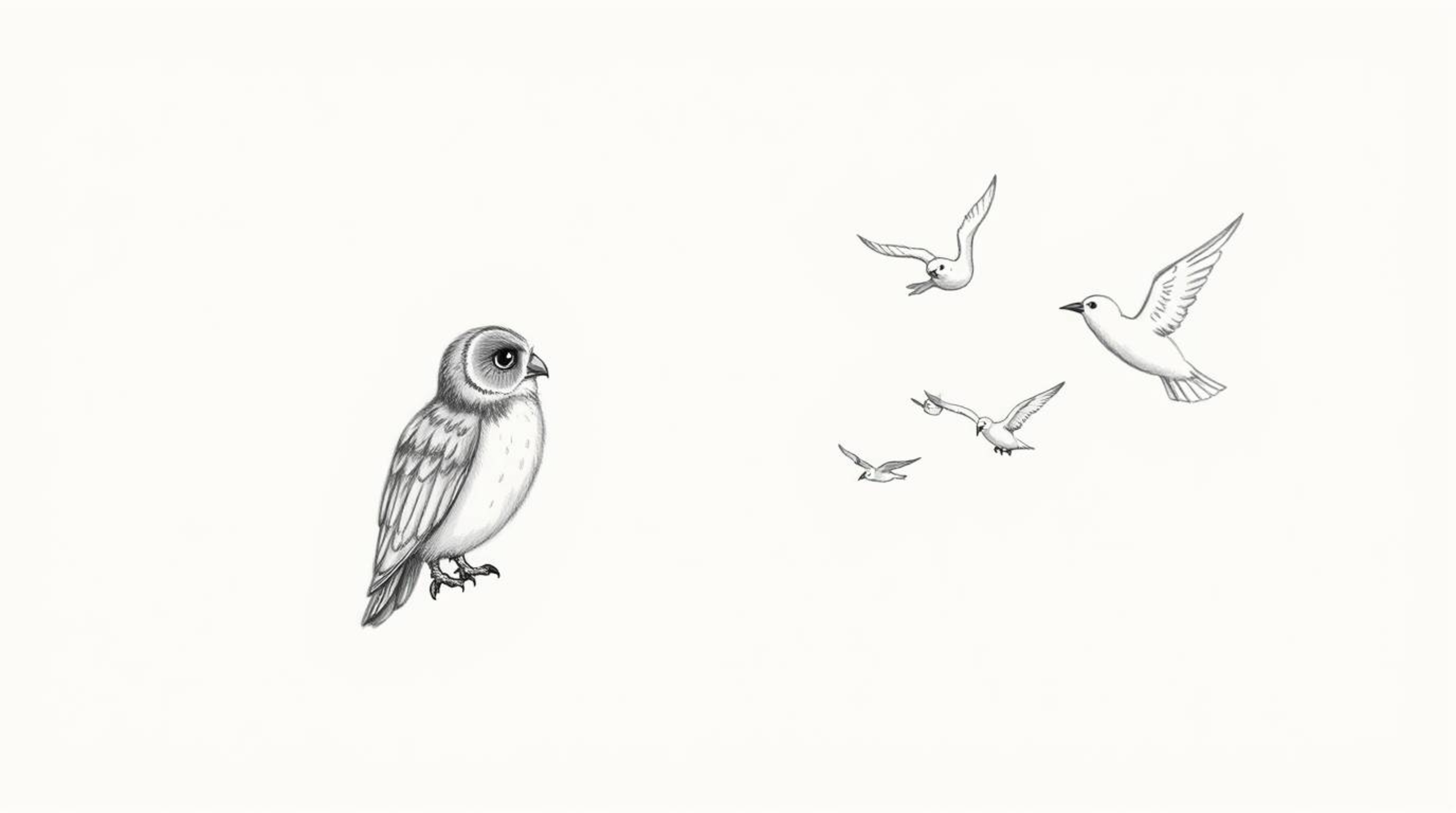 A heartwarming hand-drawn sketch in the style of Pixar animation depicts a blind owl guiding several birds in flight.  Render