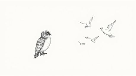 A heartwarming hand-drawn sketch in the style of Pixar animation depicts a blind owl guiding several birds in flight.  Render