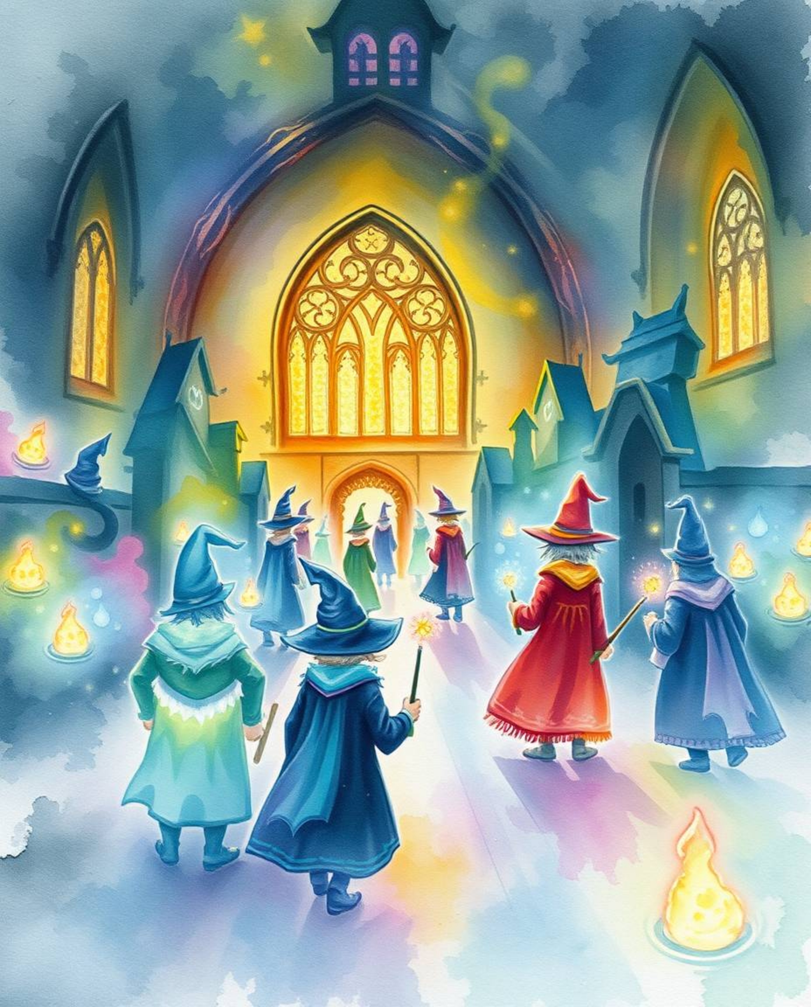 Experience the enchantment of a magical school brought to life in a delicate watercolor painting. Young wizards learn and exp