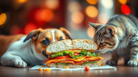 A captivating image depicting a dog and cat scrambling for a massive sandwich, captured with sharp focus on the animals again