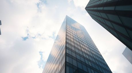 A modern glass building gracefully merges with the sky, its structure seamlessly blending with soft clouds, evoking a sense o