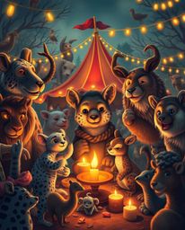 Experience the captivating chaos of a carnival overrun by adorable wild animals, bathed in the gentle glow of candlelight. Wi