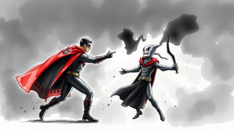 A whimsical watercolor painting depicts a superhero in a cape battling a comical villain. The artwork features intense black 