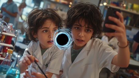 In a vibrant, cinematic photograph reminiscent of Pixar's stylization, a dynamic science fair duo accidentally creates a swir