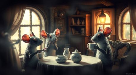 Immerse yourself in a dreamlike surreal scene featuring anthropomorphic mice enjoying a delightful tea party within a cozy co