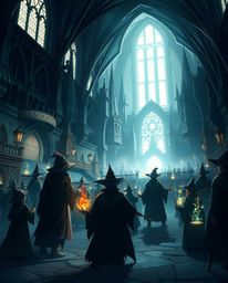 A modern and futuristic illustration showcases a grand, epic scene of a magical school brimming with young wizards. The artwo
