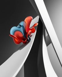 A captivating black and white photograph capturing the interplay between colorful 3D fluid shapes and geometric forms.  Shot 