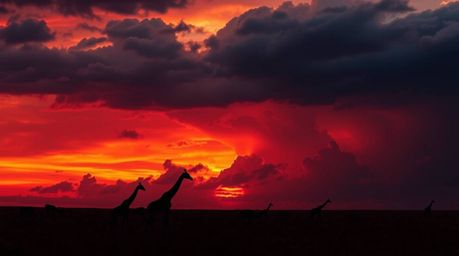 Experience the captivating beauty of a sunset savanna with silhouetted giraffes under stormy skies. The scene features a smoo