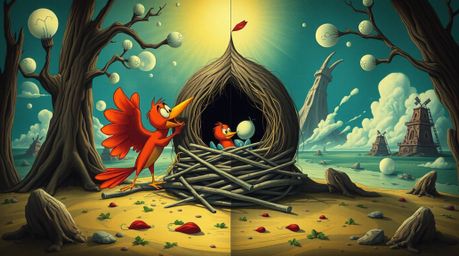 This captivating animation showcases two cartoon birds building a nest, rendered in a classic animation style with dreamlike,