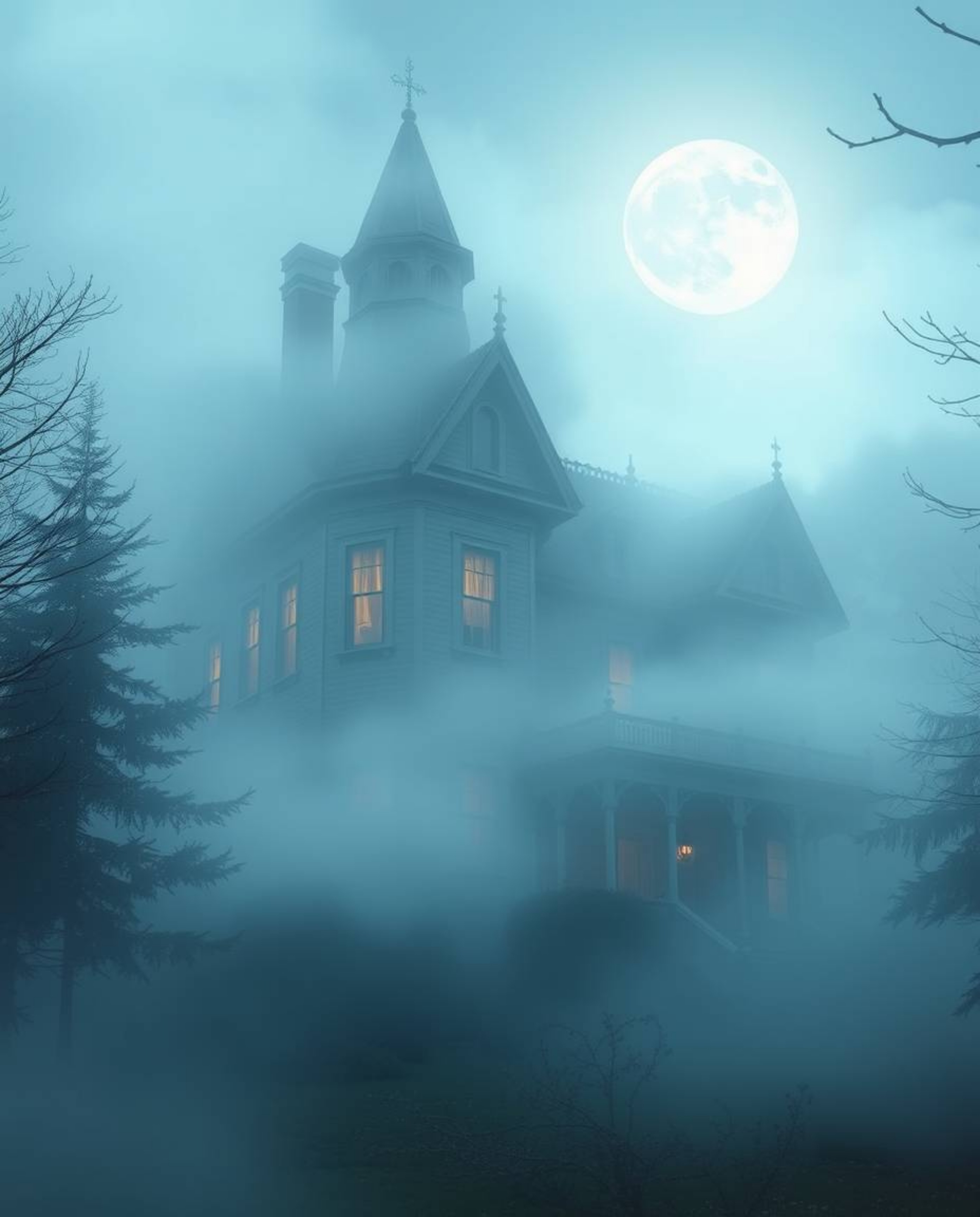 Experience the serene beauty of a fog-covered Victorian mansion bathed in soft moonlight. This artwork, rendered in gentle pa