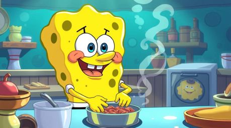 Dive into a vibrant Isekai anime-style scene featuring a cheerful yellow sponge character with expressive eyes and a wide smi