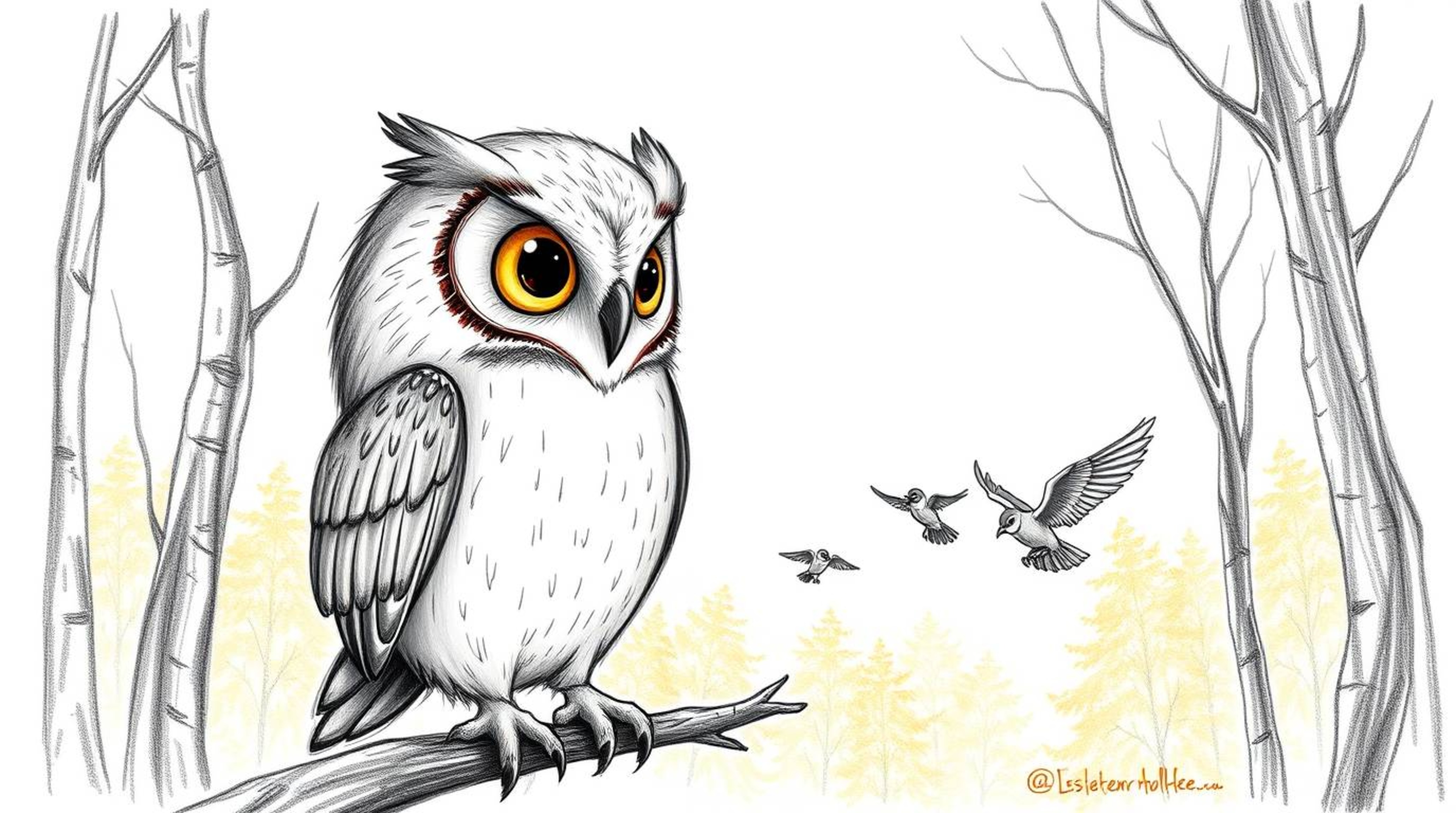 A heartwarming hand-drawn sketch in the style of Pixar, depicting a blind owl with soft feathers and expressive eyes patientl