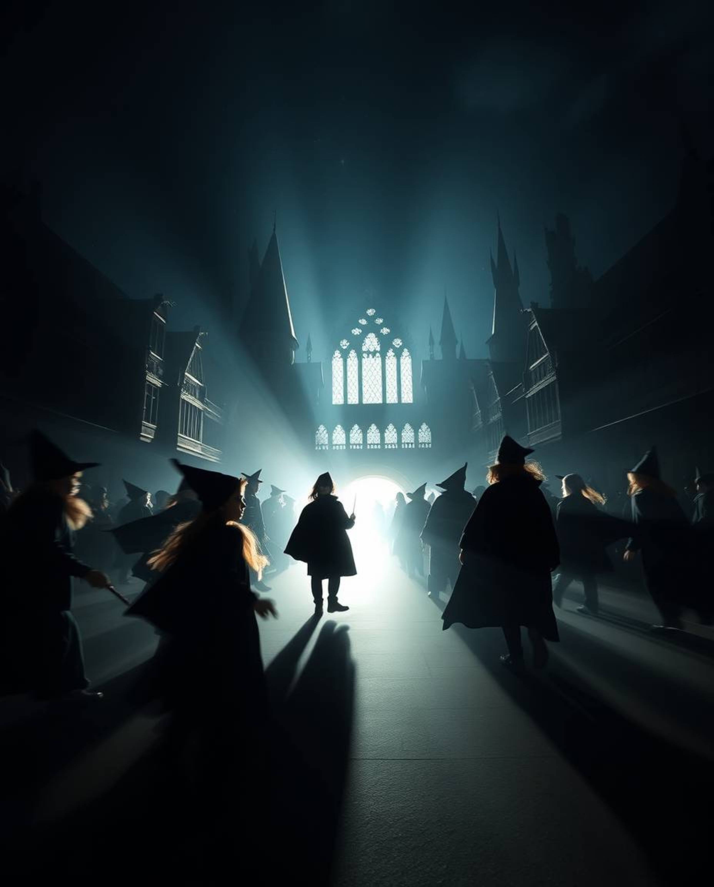 This stunning long exposure photograph captures a magical school brimming with young wizards, silhouetted against a mesmerizi