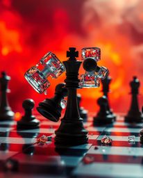 Witness an ethereal and captivating scene: a chessboard frozen in a moment of chaotic destruction, with chess pieces suspende