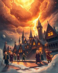 Experience a dramatic illustration of a magical school teeming with young wizards, bathed in a warm golden glow.  The backdro