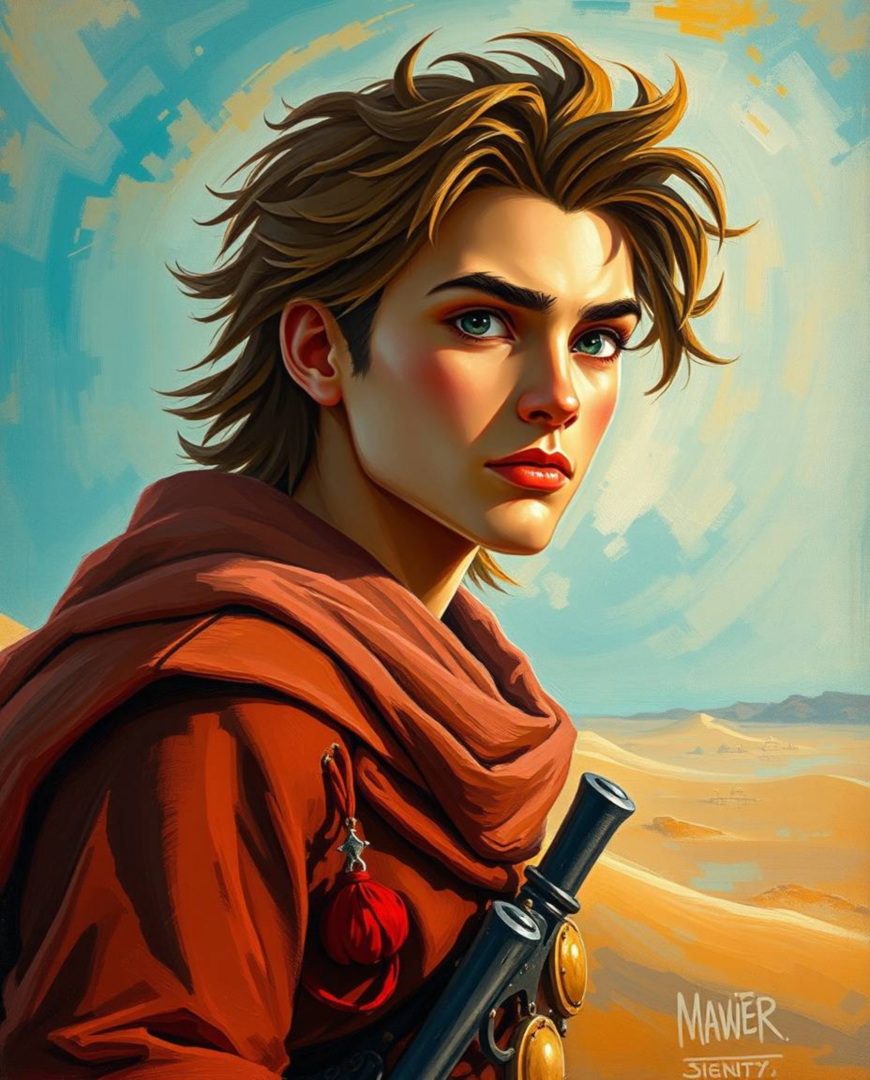 A brave hero embarks on a thrilling desert adventure in this classic oil painting, reminiscent of Disney animation.  The artw