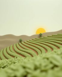 A sculptural clay art piece depicting a sunset over terraced tea plantations from a low-angle perspective. The use of soft pa