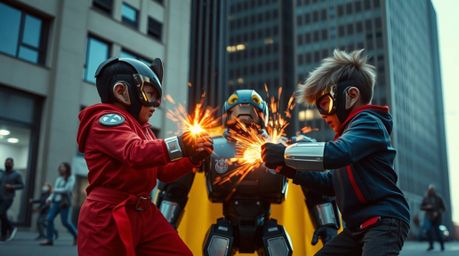 Capture the dramatic tension of three superpowered kids spontaneously battling a robot in a dynamic urban environment. This c
