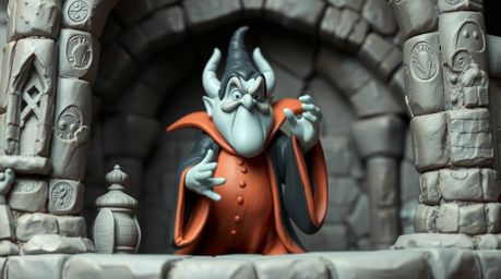 A captivating clay sculpture depicts a classic Disney villain casting a spell within the aged walls of an old castle. The ar