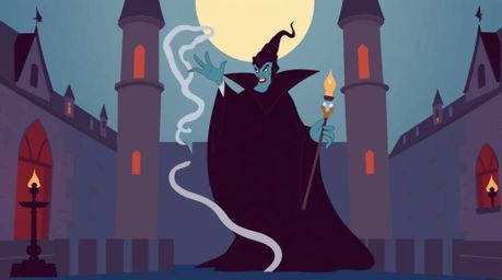 A sophisticated and elegant depiction of a classic Disney villain casting a spell in an old castle. This modern flat design u
