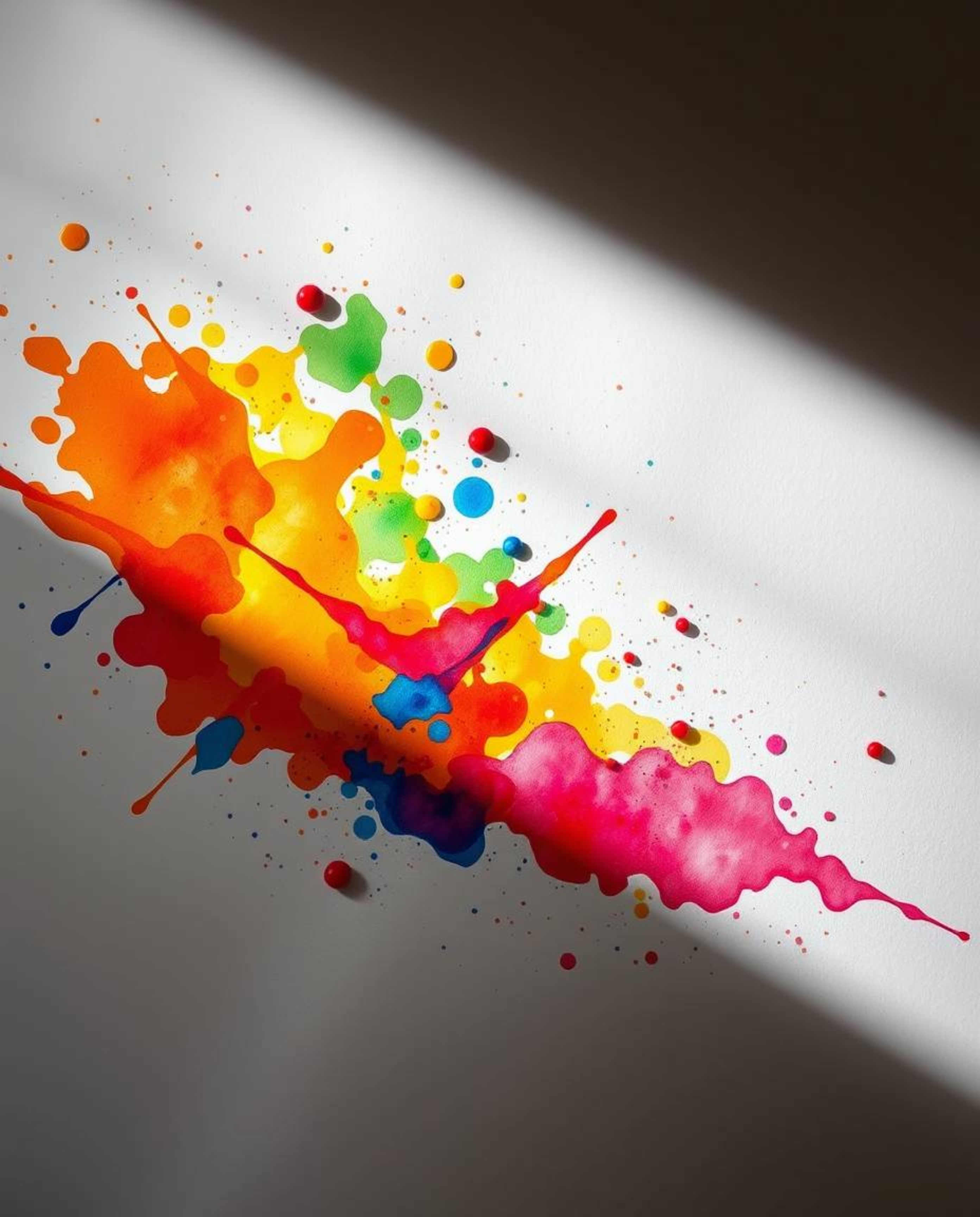 A modern, flat design image showcases intense dramatic lighting on colorful watercolor splashes blending vividly on paper.  T