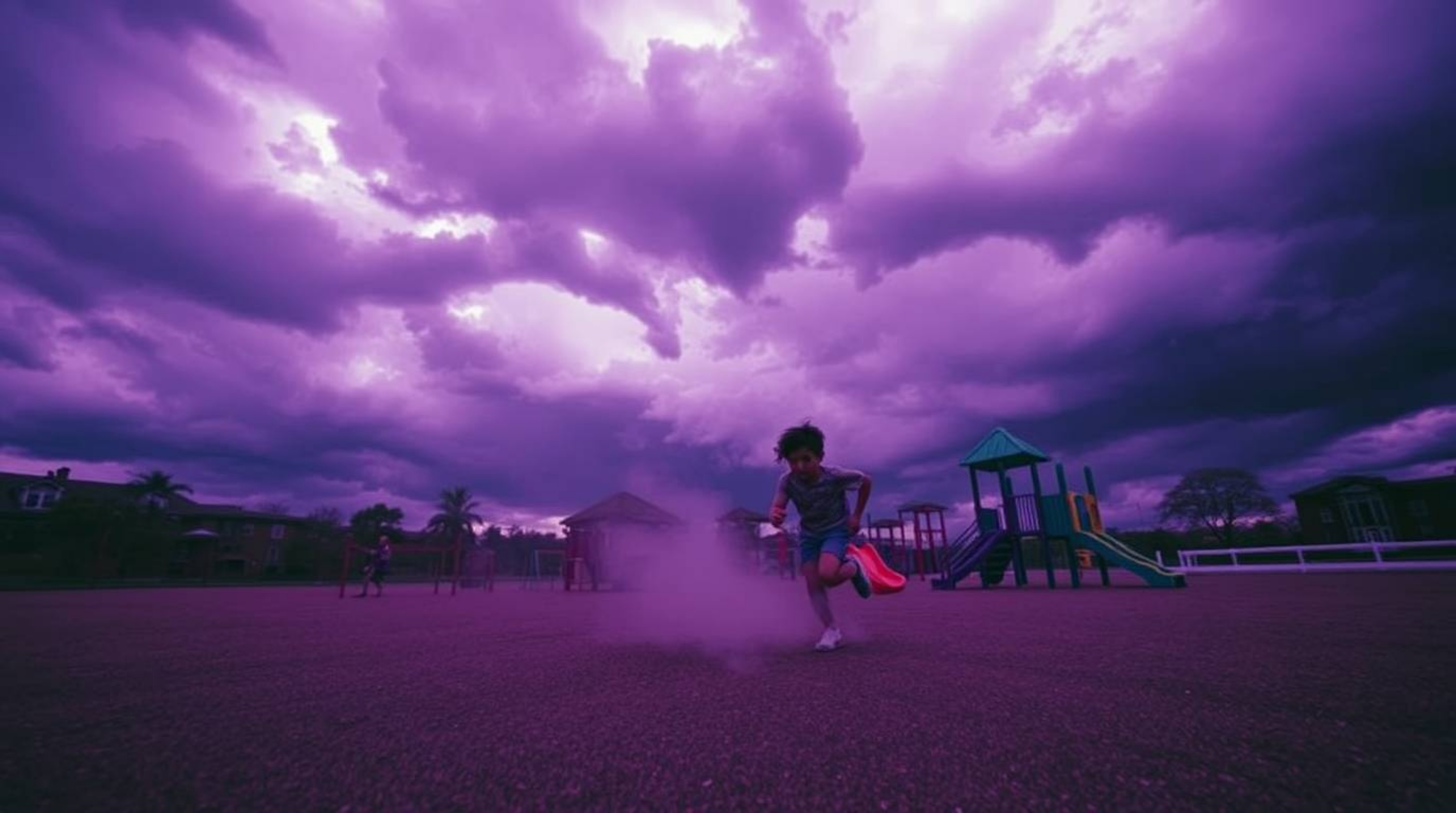 Witness a dramatic slow-motion journey through a playground, rendered in intense ultraviolet hues under stormy skies. High c
