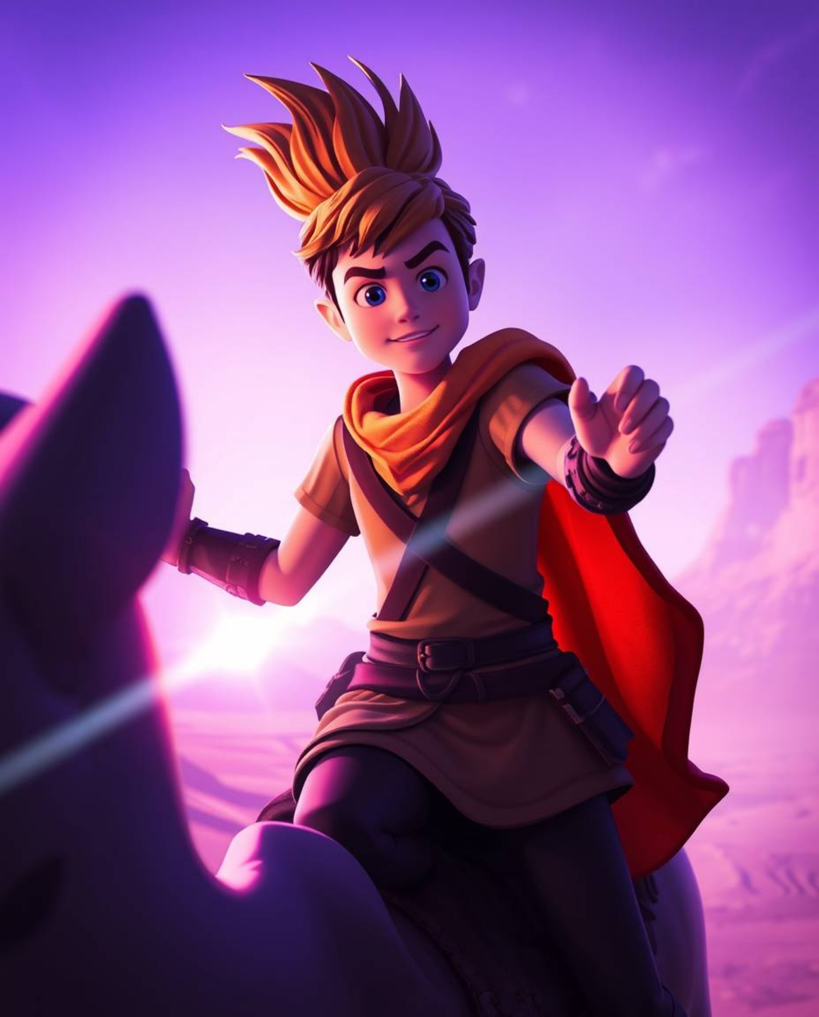 Embark on a vibrant desert adventure with a brave Disney-style hero! This epic journey is bathed in deep ultraviolet hues, f