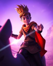 Embark on a vibrant desert adventure with a brave Disney-style hero!  This epic journey is bathed in deep ultraviolet hues, f