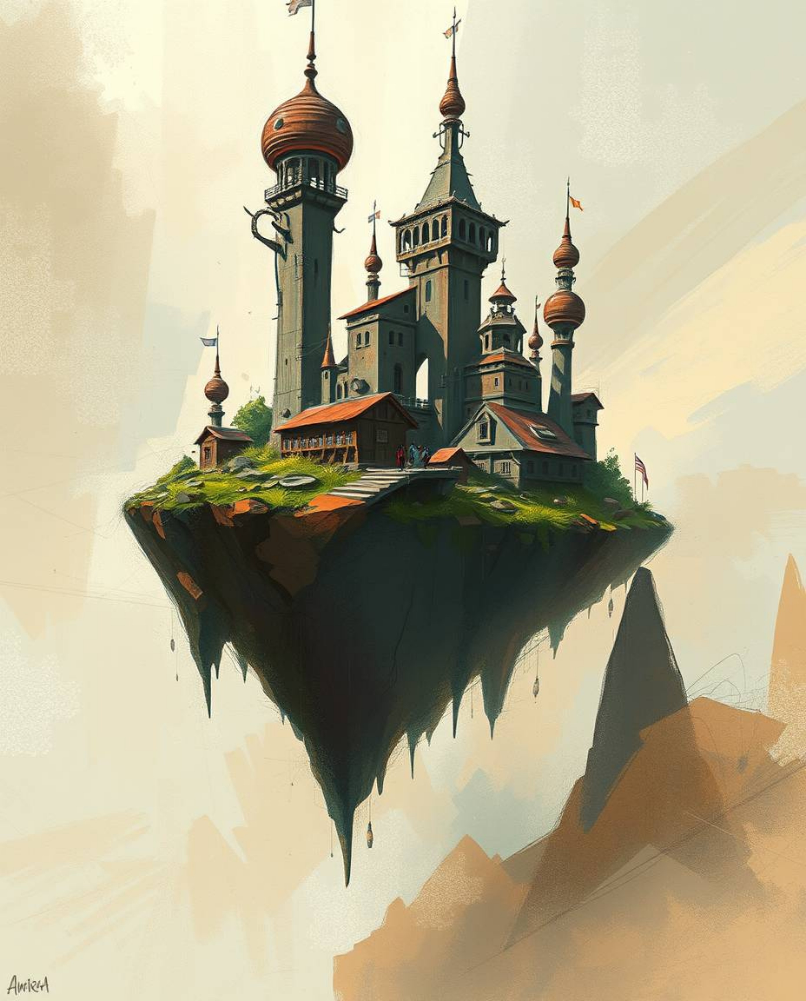 A captivating digital sketch depicts a surreal floating island adorned with strange and intriguing architecture. Rendered wit