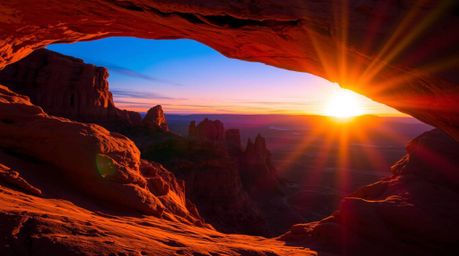 Experience the captivating beauty of a desert sunset through a natural rock arch, captured with a long-exposure technique tha