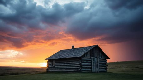 Experience the serenity of an old wooden cabin at sunset juxtaposed with a dramatic, stormy sky rendered in soft pastel color