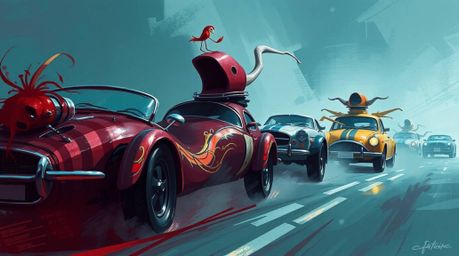 A digital sketch depicting a wacky racing scene with outlandish cars, rendered in rich burgundy and deep blue hues with a mis