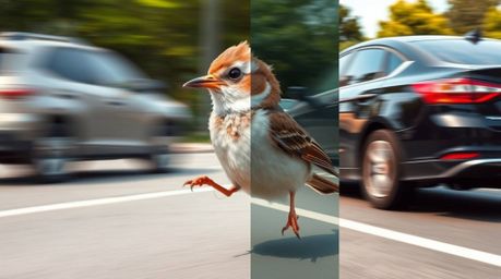 Capture the energy of a fast-running bird in a dynamic split composition. This adorable creature, with its charming features,