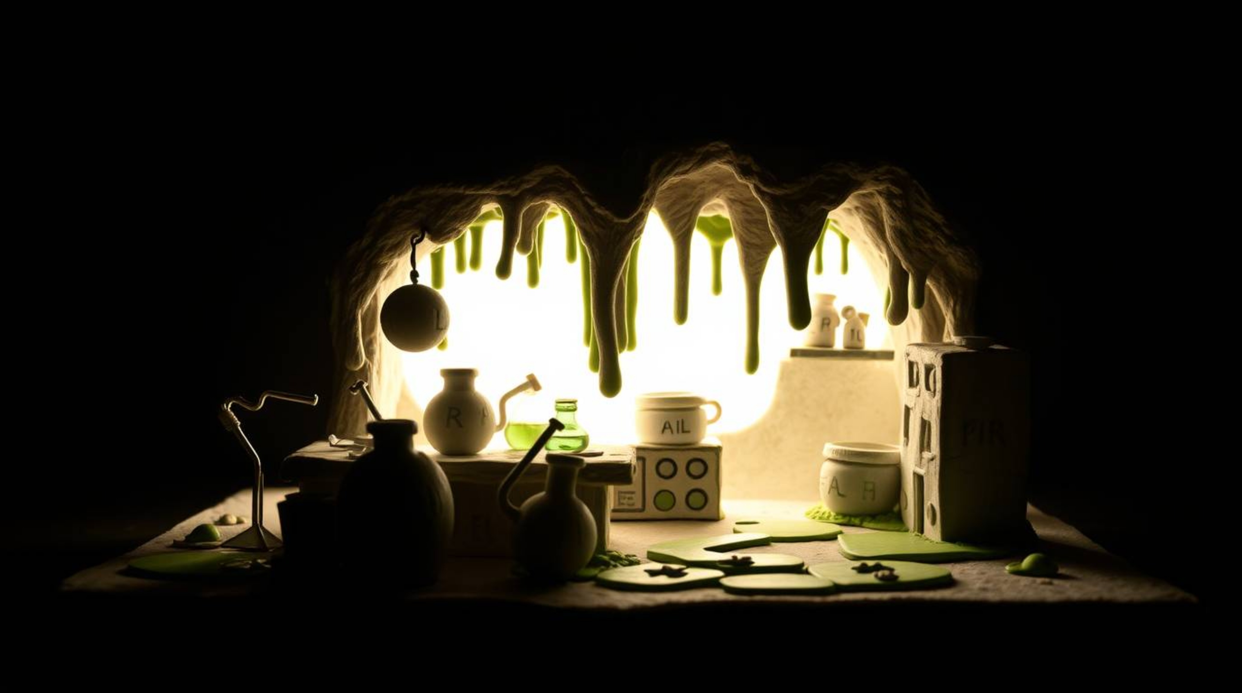 This artwork depicts a slime-covered science lab brought to life in sculptural clay. Silhouetted against backlighting, the pi