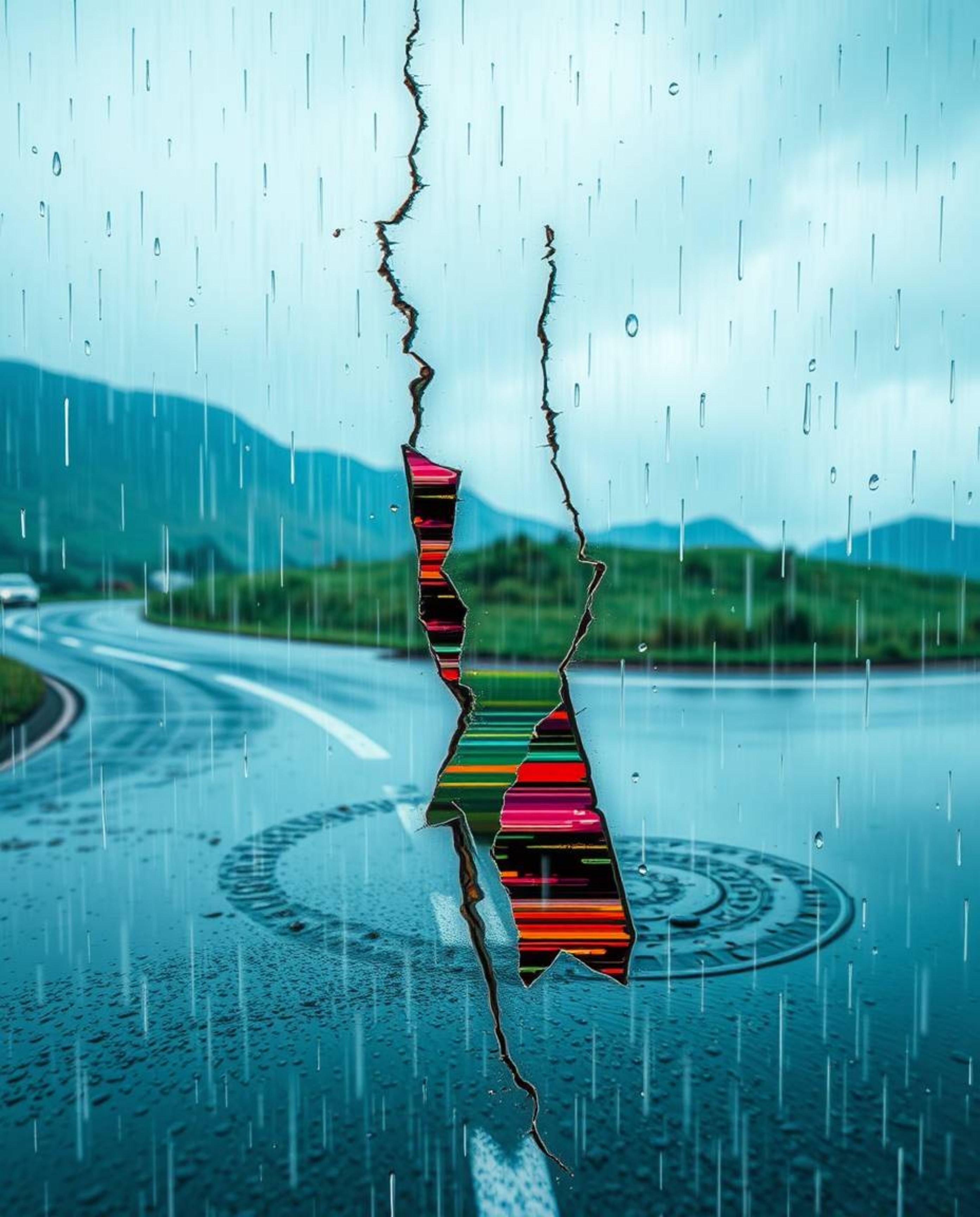 Explore this high-resolution stock photo featuring a captivating digital glitch landscape seemingly breaking apart amidst a w
