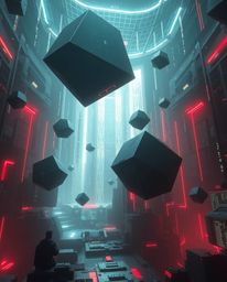 A stunning, high-contrast image depicting epic, modern, and futuristic glitched geometric shapes floating in cyberspace.  The