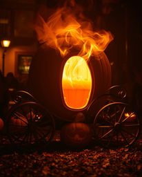 A professional, cinematic photograph depicts a magical pumpkin transforming into a carriage.  The image boasts soft contrast 