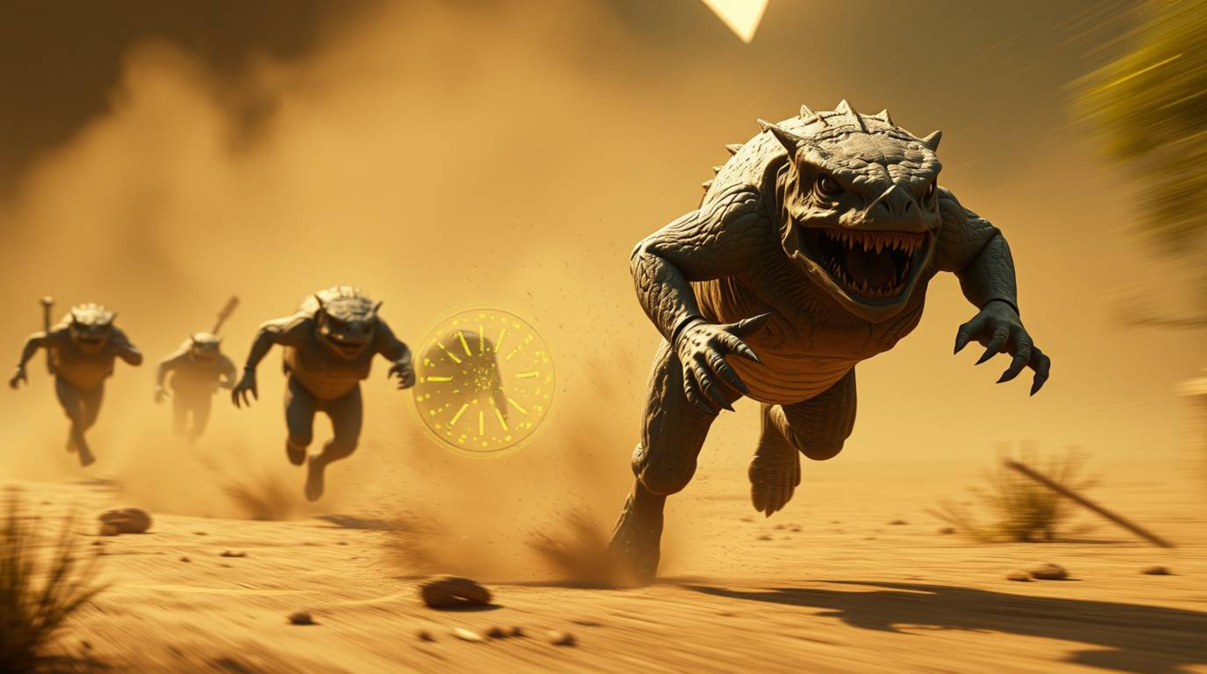 Experience a thrilling chase scene brought to life with natural earth tones and glowing bioluminescent colors, enhanced by re